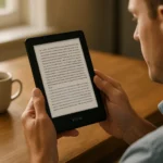 A férfi Kindle e-könyv olvasót használ egy asztalnál.