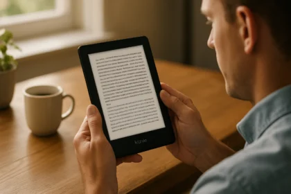 A férfi Kindle e-könyv olvasót használ egy asztalnál.