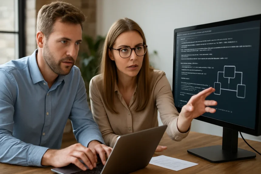 Két szakember az adatfolyam feldolgozás technológiát elemzi.