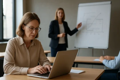 Felnőttképzés átképzés során laptopon dolgozó nő.