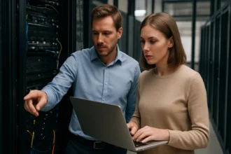 Két szakember egy webszerver hálózati berendezéseit vizsgálják.