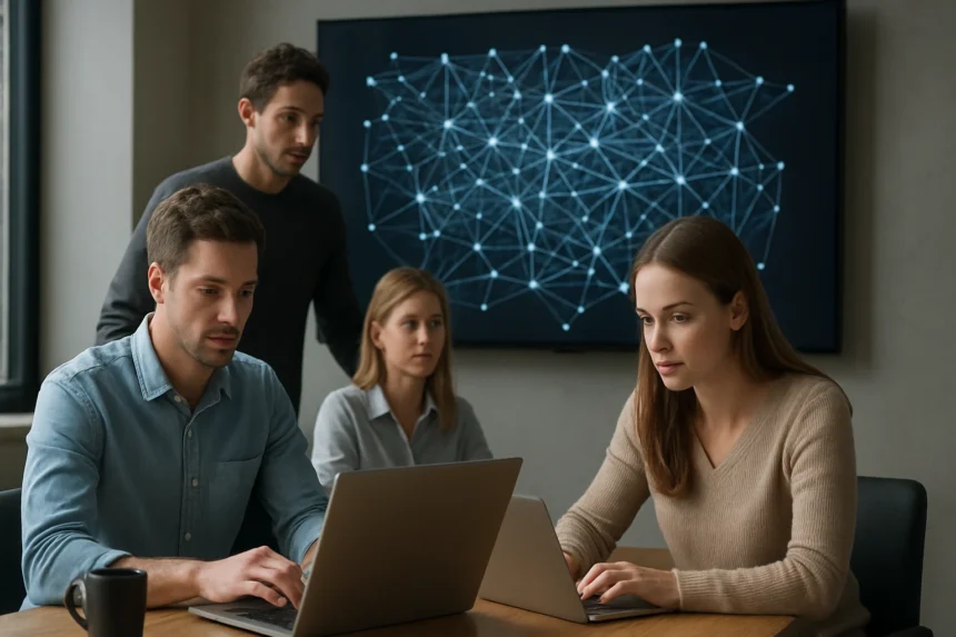 Foglalt fiatal szakemberek elosztott számítástechnikával foglalkozó projekt során.