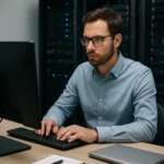 Férfi dolgozik számítógépnél szerverek előtt, IT környezetben.