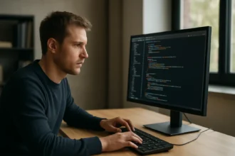 Programozó munka közben imperatív programozási nyelvvel.