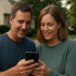 Két szomszéd közösen nézi a Nextdoor alkalmazást okostelefonjukon.