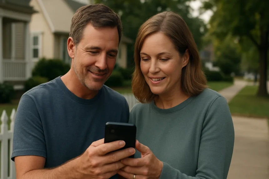 Két szomszéd közösen nézi a Nextdoor alkalmazást okostelefonjukon.