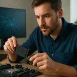 Férfi NVMe SSD-t szerel egy alaplapra, modern technológia használatával.