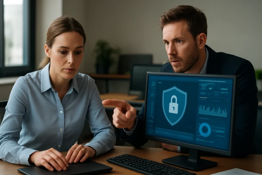 Két szakember Microsoft Azure Security Center használat közben.