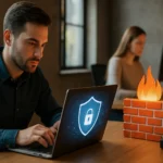 Férfi számítógép előtt, tűzfal szimbólummal a laptopján.