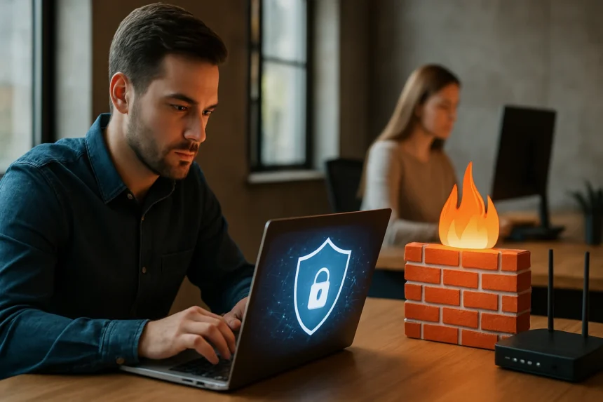 Férfi számítógép előtt, tűzfal szimbólummal a laptopján.
