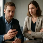 Két üzletember, akik okostelefont néznek munkahelyi környezetben.