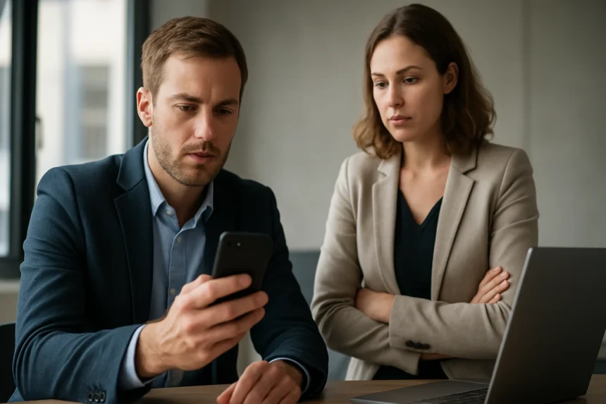 Két üzletember, akik okostelefont néznek munkahelyi környezetben.