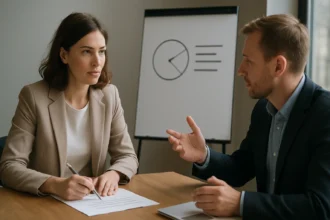 Két ember beszélget egy marketing pozicionálási nyilatkozatról.