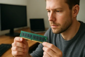 Fiatal férfi a DDR3 RAM modulra koncentrál, számítógép előtt.