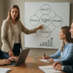 Női vezető bemutatja a TQM fogalmát a csapatának.