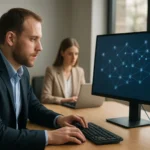 Kiberbiztonsági szakemberek mikroszegmentációt elemző munka közben.