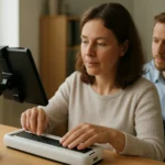 Nő kisegítő technológia segítségével dolgozik a mindennapi tevékenységekben.