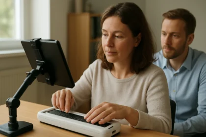 Nő kisegítő technológia segítségével dolgozik a mindennapi tevékenységekben.