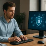 Férfi dolgozik a számítógépnél, biztonsági ikonokkal a monitoron.