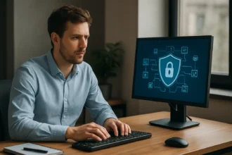 Férfi dolgozik a számítógépnél, biztonsági ikonokkal a monitoron.