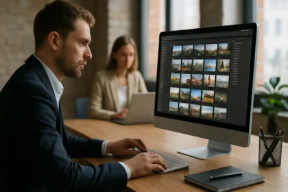 Digitális vagyonkezelés munka közben, férfi és nő számítógépen dolgozik.