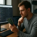 Férfi visszafejtés közben, számítógép és elektronikus alkatrész előtt