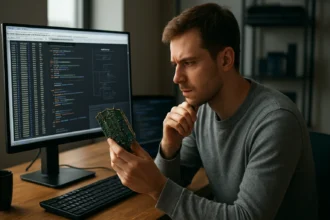 Férfi visszafejtés közben, számítógép és elektronikus alkatrész előtt