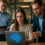 Három ember együtt dolgozik az AI és informatika bővítésén