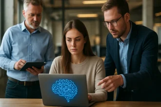 Három ember együtt dolgozik az AI és informatika bővítésén