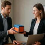 Két üzletember az innovatív PaaS modell bemutatásán egy irodában.