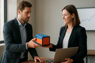 Két üzletember az innovatív PaaS modell bemutatásán egy irodában.