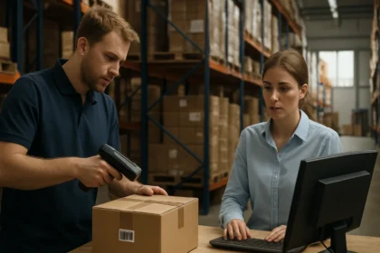 Raktárkezelő rendszer használata raktárban, áruk nyomon követése.