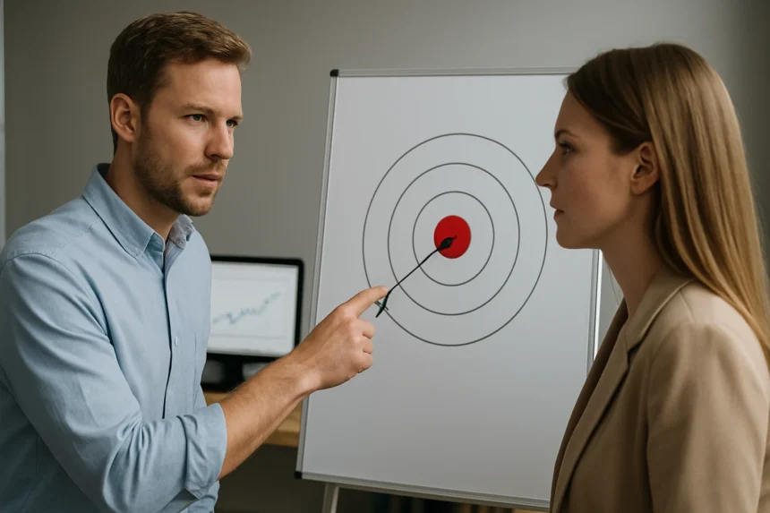 Két szakember célfüggvényről beszél egy prezentáció során.