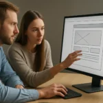 Két személy együtt dolgozik egy grafikus felhasználói felületen