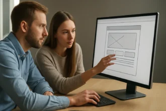 Két személy együtt dolgozik egy grafikus felhasználói felületen