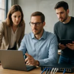 Három szakember együtt dolgozik informatikai rendszerek integrációján.