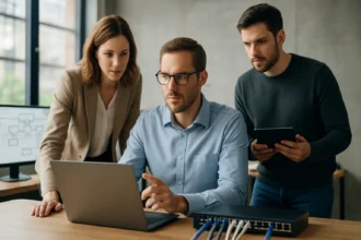 Három szakember együtt dolgozik informatikai rendszerek integrációján.