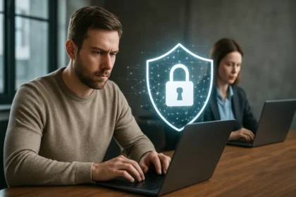 Két ember laptop előtt dolgozik, háttérben digitális biztonsági pajzs ikon.