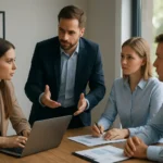 Csoportos megbeszélés a törzsadat kezelés hatékony folyamatainak fejlesztéséről.