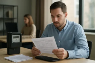 Férfi mért szolgáltatások dokumentumot vizsgál egy irodai környezetben.