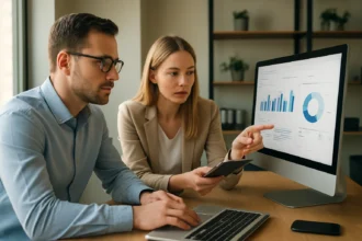 Két szakember marketing automatizálással kapcsolatos elemzést végez.