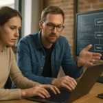 Két szoftverfejlesztő közösen dolgozik a számítógépen integrációs tesztelés témájában.