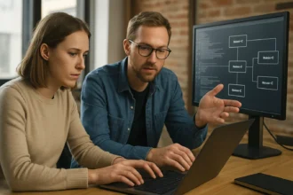 Két szoftverfejlesztő közösen dolgozik a számítógépen integrációs tesztelés témájában.