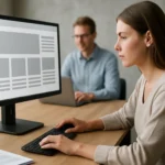 Nő számítógépen dolgozik, oldalelrendezés tervezése közben.