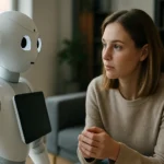 Szociális robot egy nő társaságában, a mesterséges intelligencia világában.