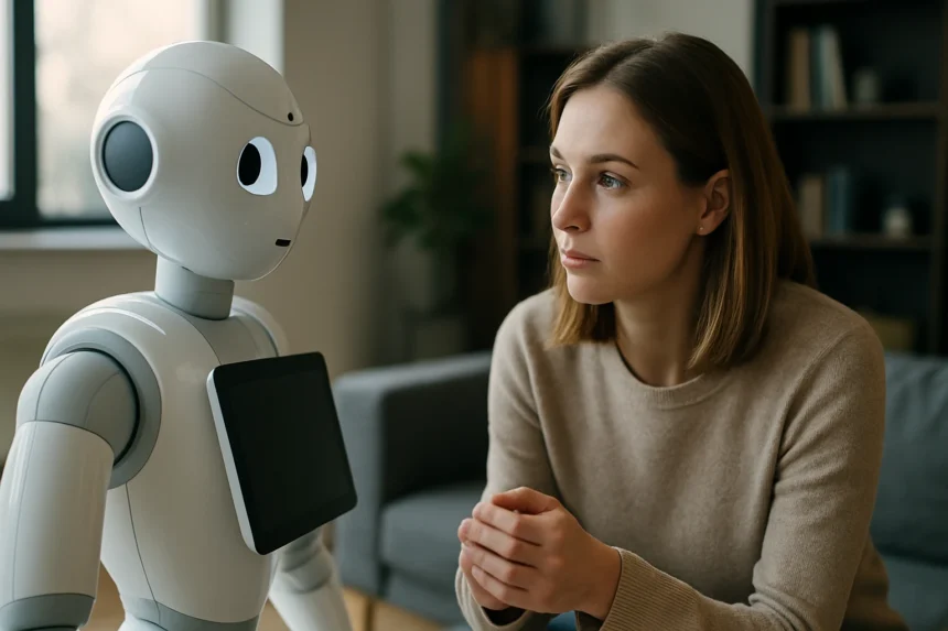 Szociális robot egy nő társaságában, a mesterséges intelligencia világában.