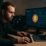 Egy férfi kriptovaluta bányászatot végez számítógépeken.