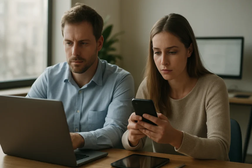 Két ember, akik digitális eszközökkel dolgoznak egy modern irodában.