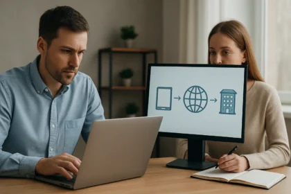 Férfi számítógépen dolgozik, nő jegyzetel egy DNS lekérdezésről.