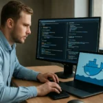 Fejlesztő dolgozik a konténerizáció és container image témájában.